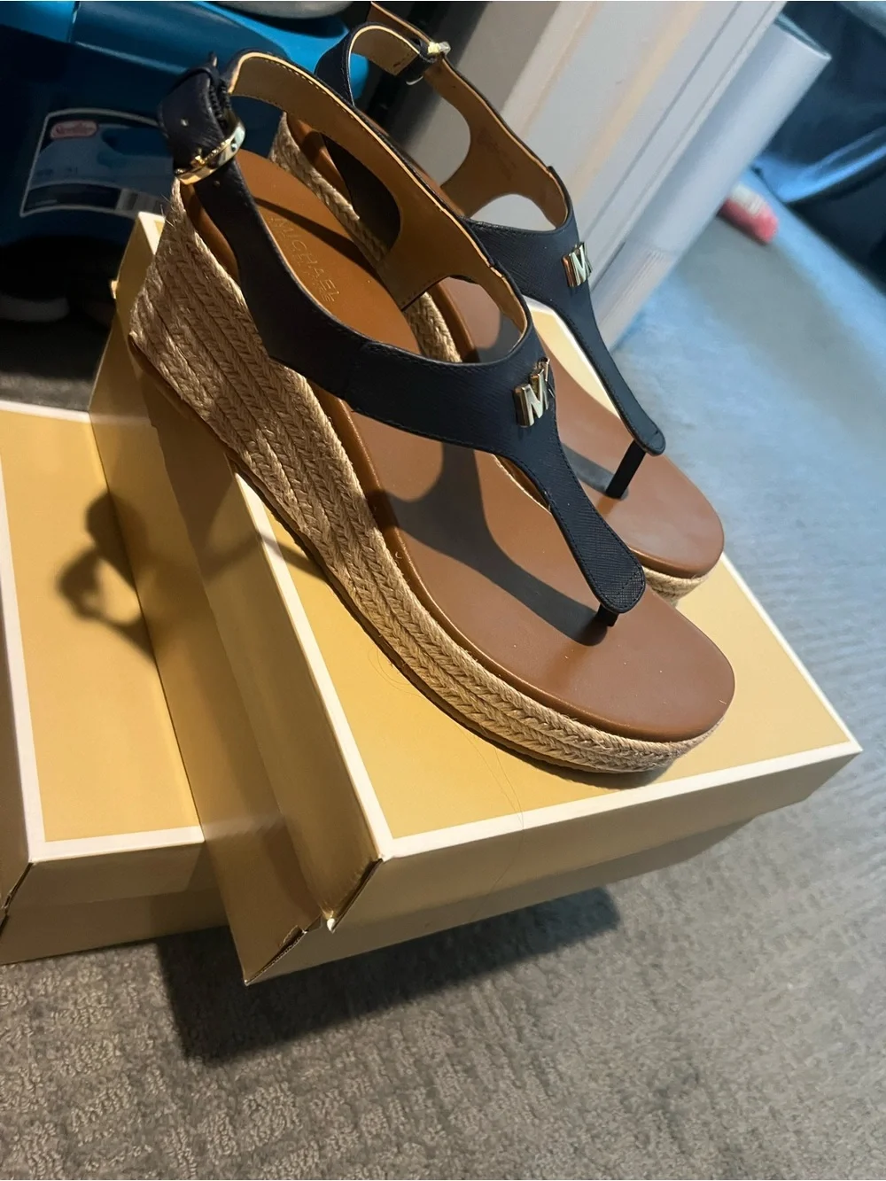 Michael Kors Navy Wedge Thong Sandals new
